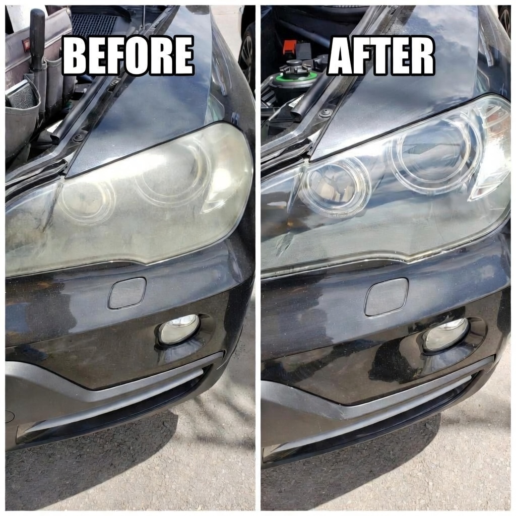 Headlight restoration before and after - black car